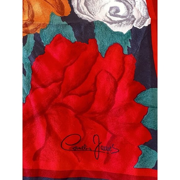 Vintage CORNELIA JAMES SILK Scarf Print Floral Black Red Gold White 30" x 30" - Picture 7 of 7